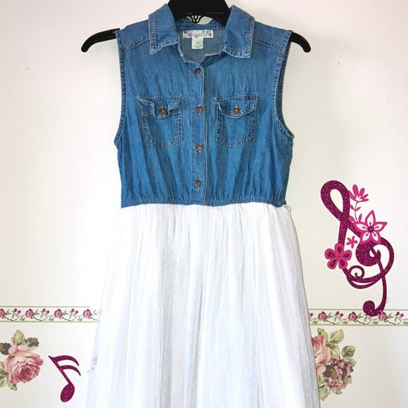 Knit Works Denim Cifon Flared Girls Dress 12 Knitworks Blue White - Picture 4 of 9